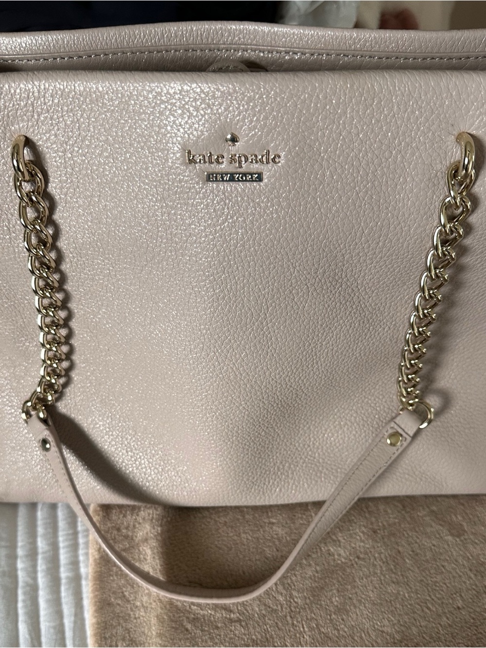 Kate Spade tote in taupe color with gold chain straps